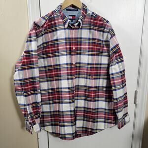 Vtg Tommy Hilfiger Button Down Green Red Plaid Shirt Sz L 90s Classic Preppy